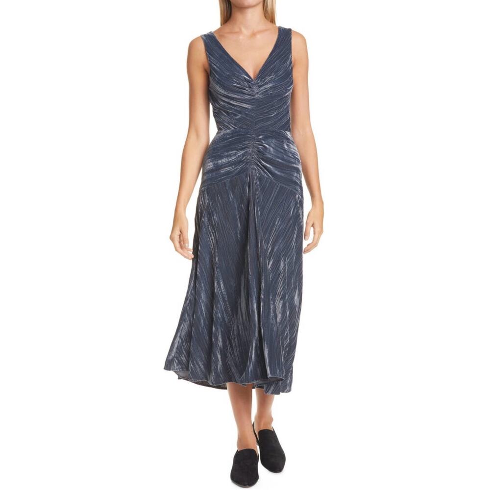 Vince Women Blue‎ Crushed Velvet V-Neck Ruched Midi Dress Size 10 RN106730